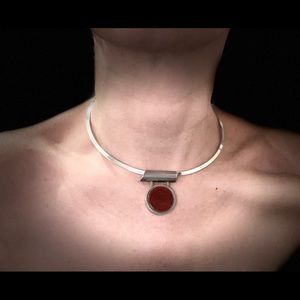 Sterling silver and carnelian drop modernist necklace. Very striking piece.
